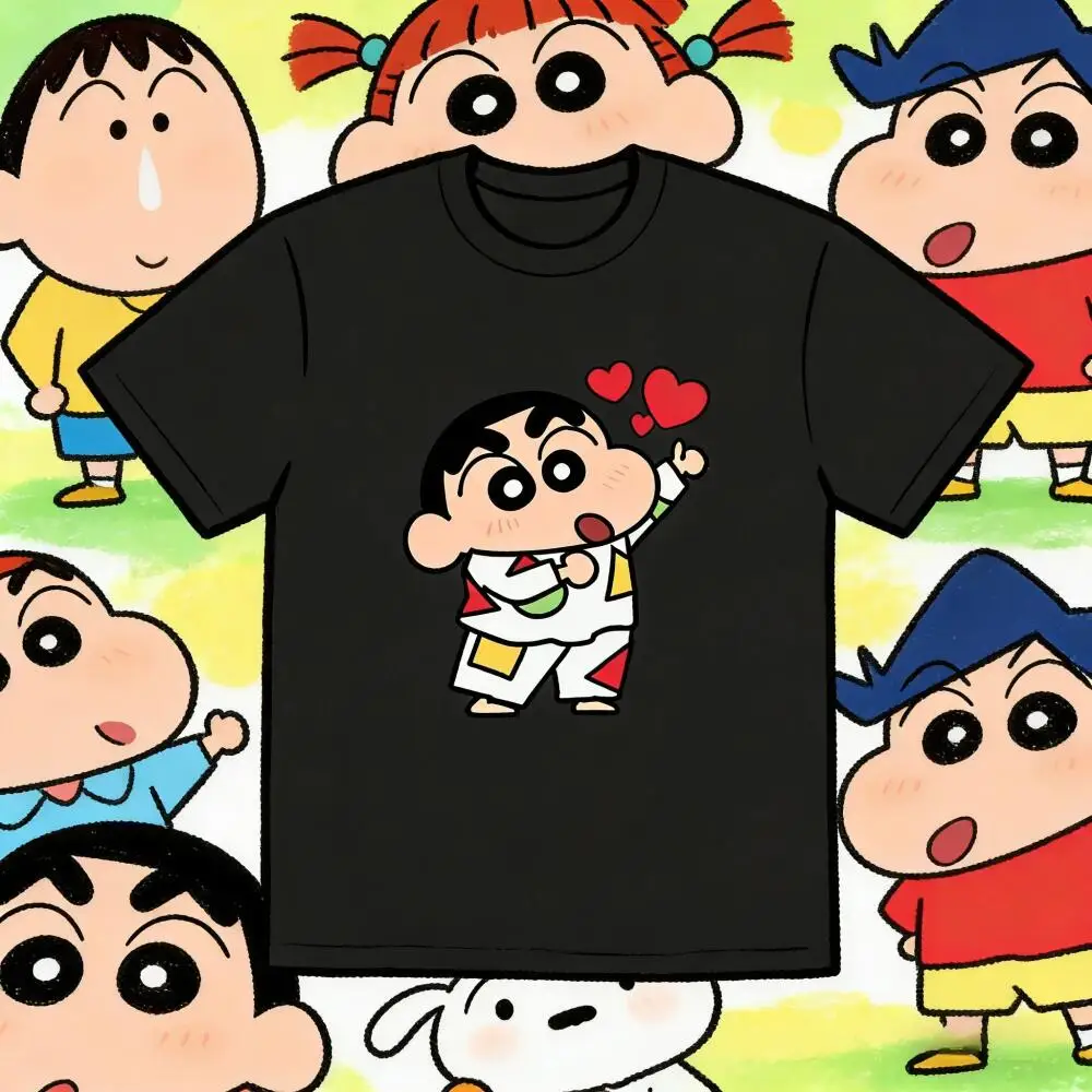 Crayon Shin Chan Love Heart Print Casual T Shirt Cute Anime Short Sleeve Tee for Men Women Daily Wear