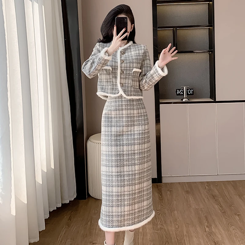 Autumn Winter Women Elegant Vintage Plaid Tweed Skirt Suits Fashion Short Jacket And High Waist Long Skirt Two Piece Set