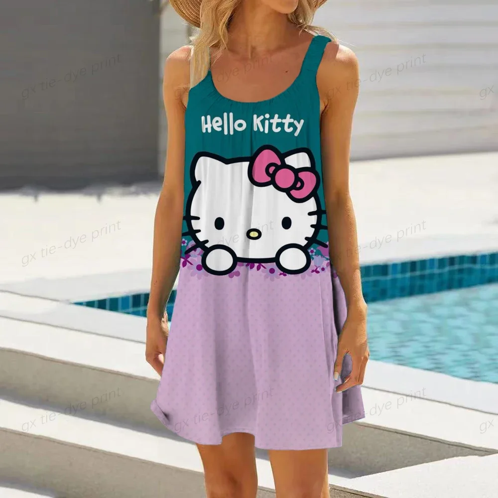 2023 Boho Sling Zomer Vrouw Losse Strand Sexy Mickey Cartoon Mouwloze Jurken Vrouwen Jurk Hello Kitty Print Elegante Jurken