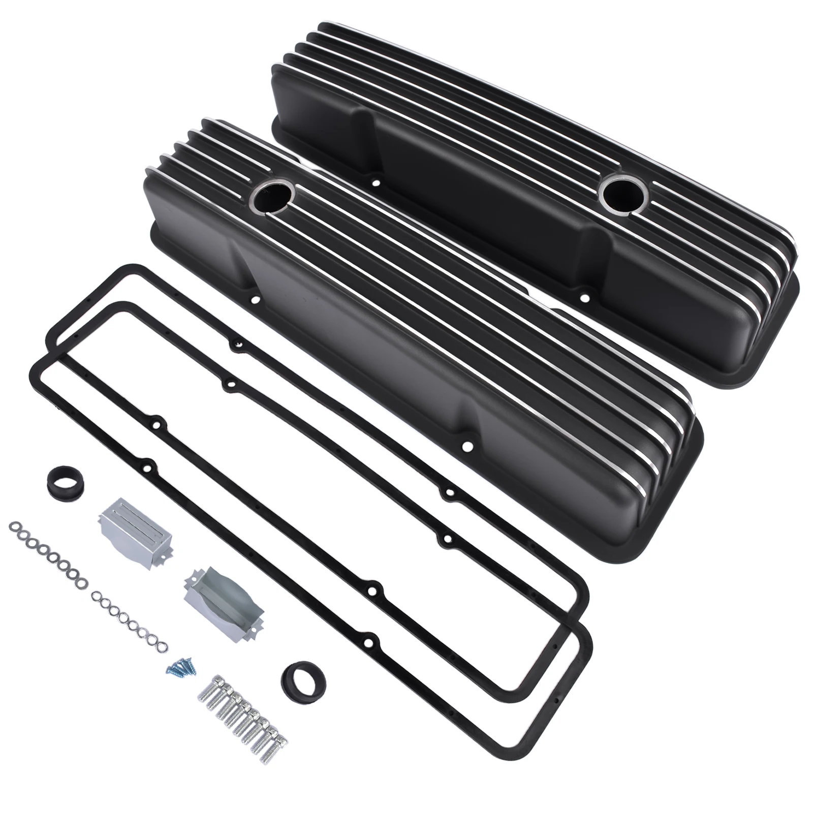 

AP02 Aluminum Polished Finned Tall Valve Covers for Chevy SBC Small Block 283 Black