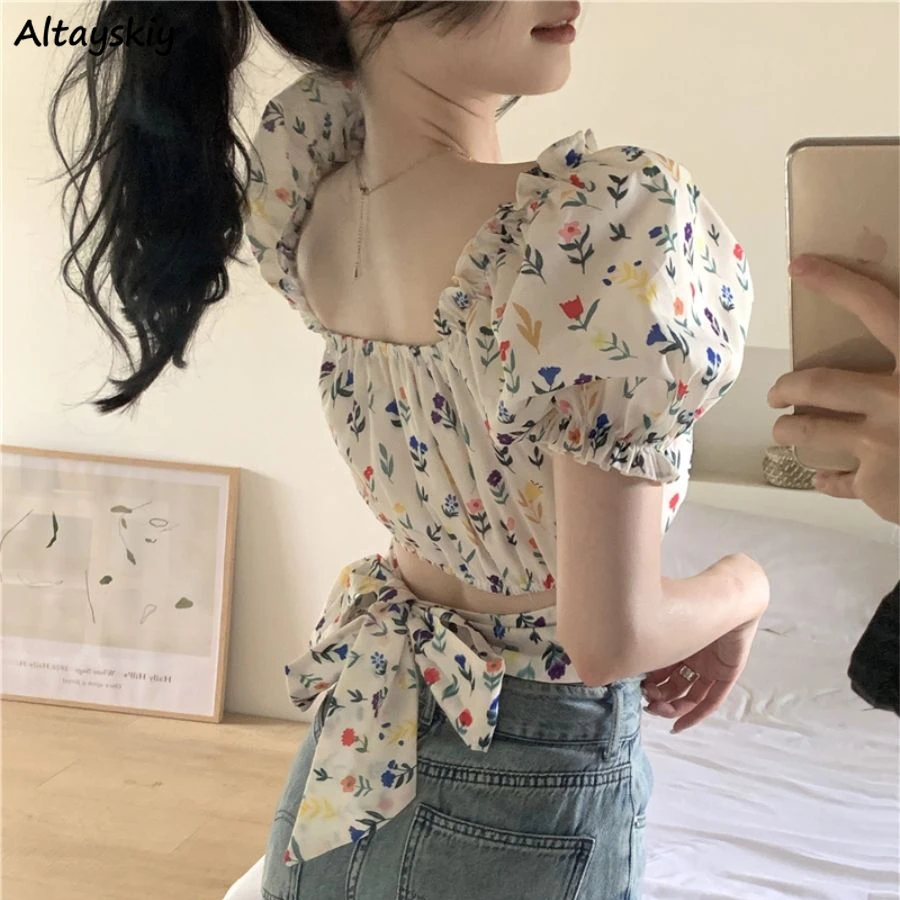 Blouses Women Floral Printed Backless Lace-up Puff Sleeve Square Collar Summer Crop Tops French Style Aesthetic Romantic Sweet