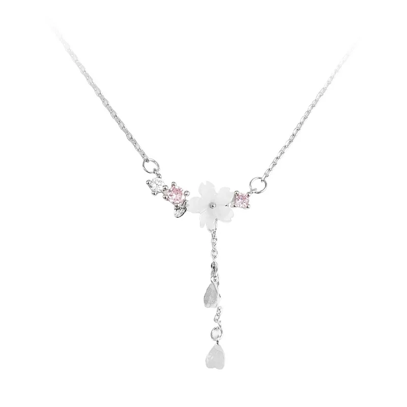 925 Sterling Silver Inlaid Zircon Necklaces for Women Romantic Cherry Blossom Pendant Clavicle Chain Choker Jewelry