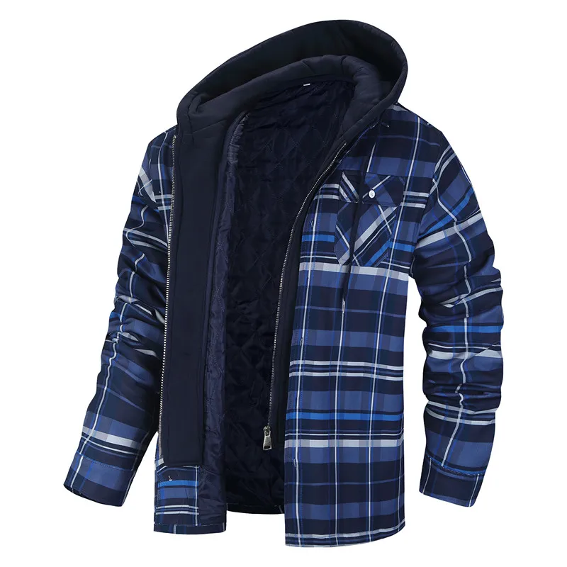 5XL Men's Flannel Shirt Jacket With Removable Hooded Plaid Quilted Lined Winter Coats Thick Hoodie Outwear Man Cotton Jacket 550