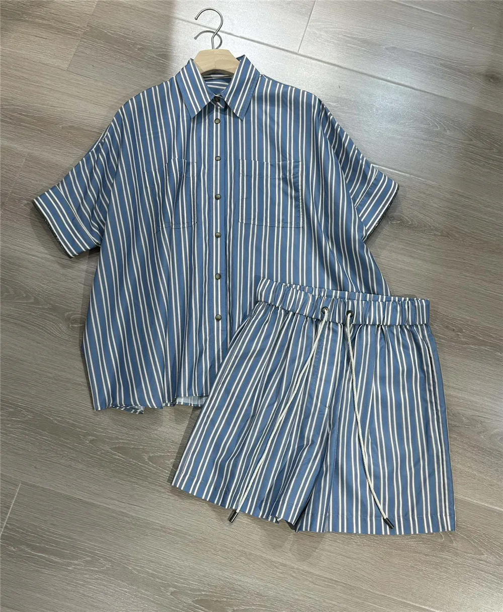 B*C New Cotton Silk Casual Striped Shirt / Drawstring Wide Leg Shorts Pants Suit For  Woman Clothing 2 Piece Set