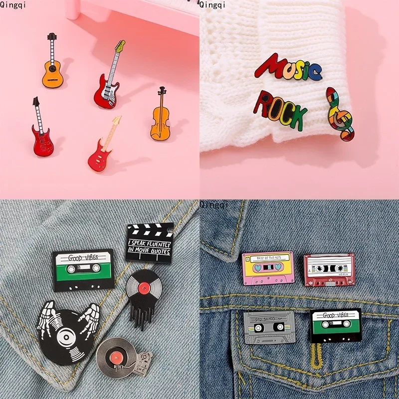 Lapel Pin Decoration Personalized Music Brooch Set Creative Retro Guitar Notes Cassette Tapes Vinyl Records Metal Badges