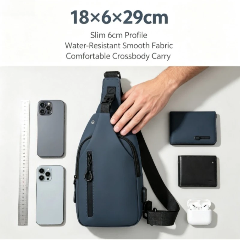 New Men's Chest Bag, Premium Water Resistant Crossbody Sling Bag, Single Shoulder Backpack with USB Charging Port