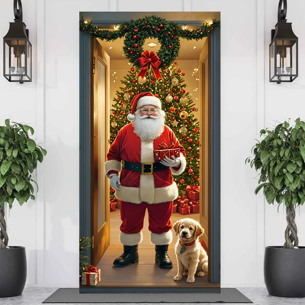 Christmas Door Cover Decoration Santa Claus Puppy Xmas Gift Box Bowknot Background Indoor Outdoor Porch Banner Party Supplies