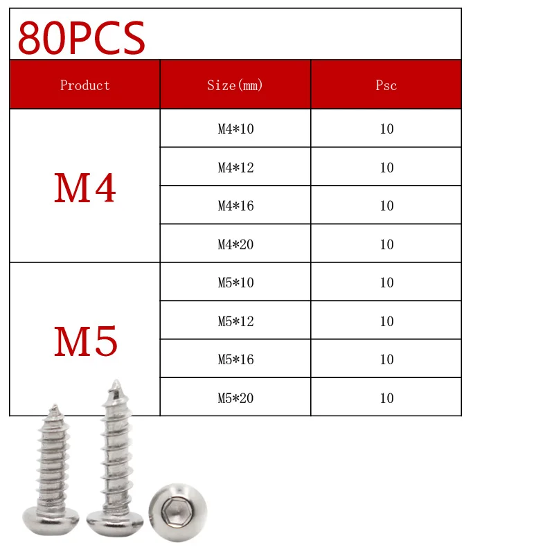 Kit M2 M2,5 M3 M4 M5 M6 304 Edelstahl runder Flachkopf Innensechskant selbstschneidende Schrauben Holzschrauben Set 70–630 Stück – Detail 10