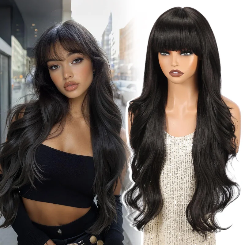 

Women's wig with big waves and bangs, black curly hair, high-temperature synthetic fiber headpiece