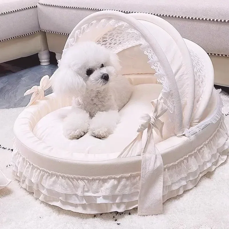 Pet Cradle Bed with Cotton Puppy Kitten Princess Bed - Pet Sofa, Dog Cushion Puppy Cradle Bed, Morandi Beige