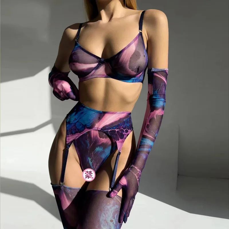 Tie Dye Lingerie with Stocking Elbow Gloves Bra Thong Set Women Underwear Uncensored Sexy Outfit Sensual Intimate Kits