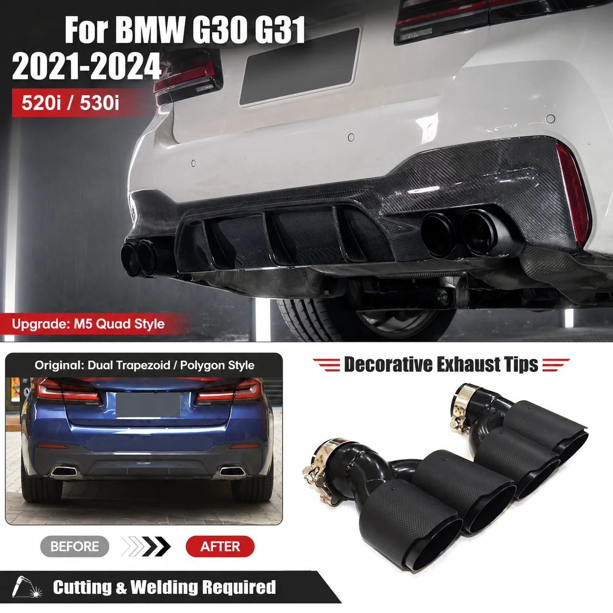 Vierfach-Auspuffblenden für BMW 5er G30 G31 530i 530e 540i 2017-2024 M5 Look Edelstahl Carbon Faser Doppel-Endrohr Upgrade