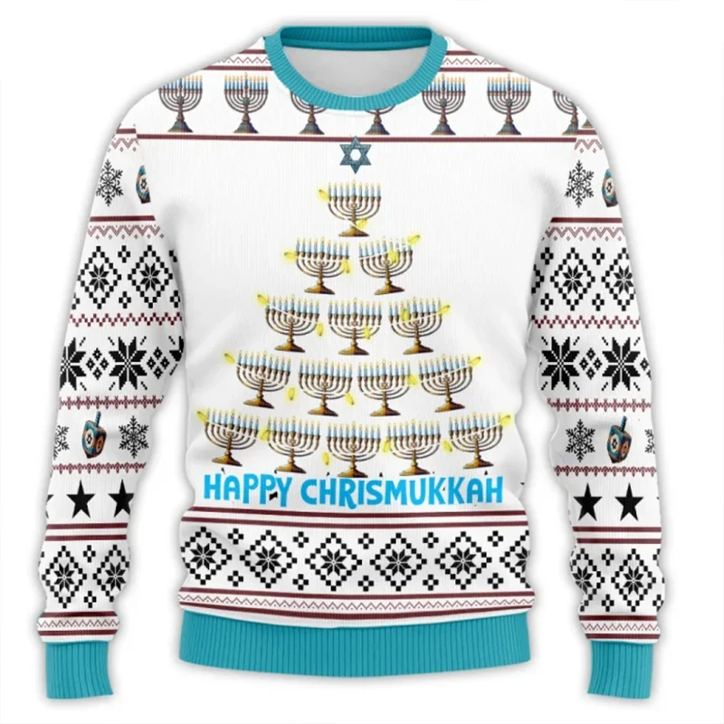 Hanukkah Menorah 3D Print Sweater Men's Festival Clothing Crewneck Pullover Top Fashion Trend Harajuku Street Popular Hoodie