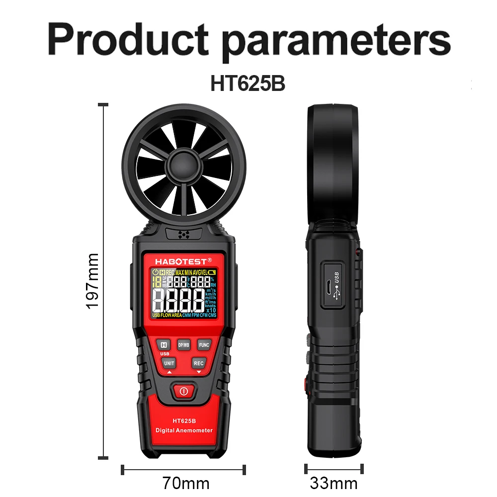 HABOTEST High Precision Anemometer Portable Wind Speed Meter 30m/s Air Volume Gauge Temperature Humidity Meter