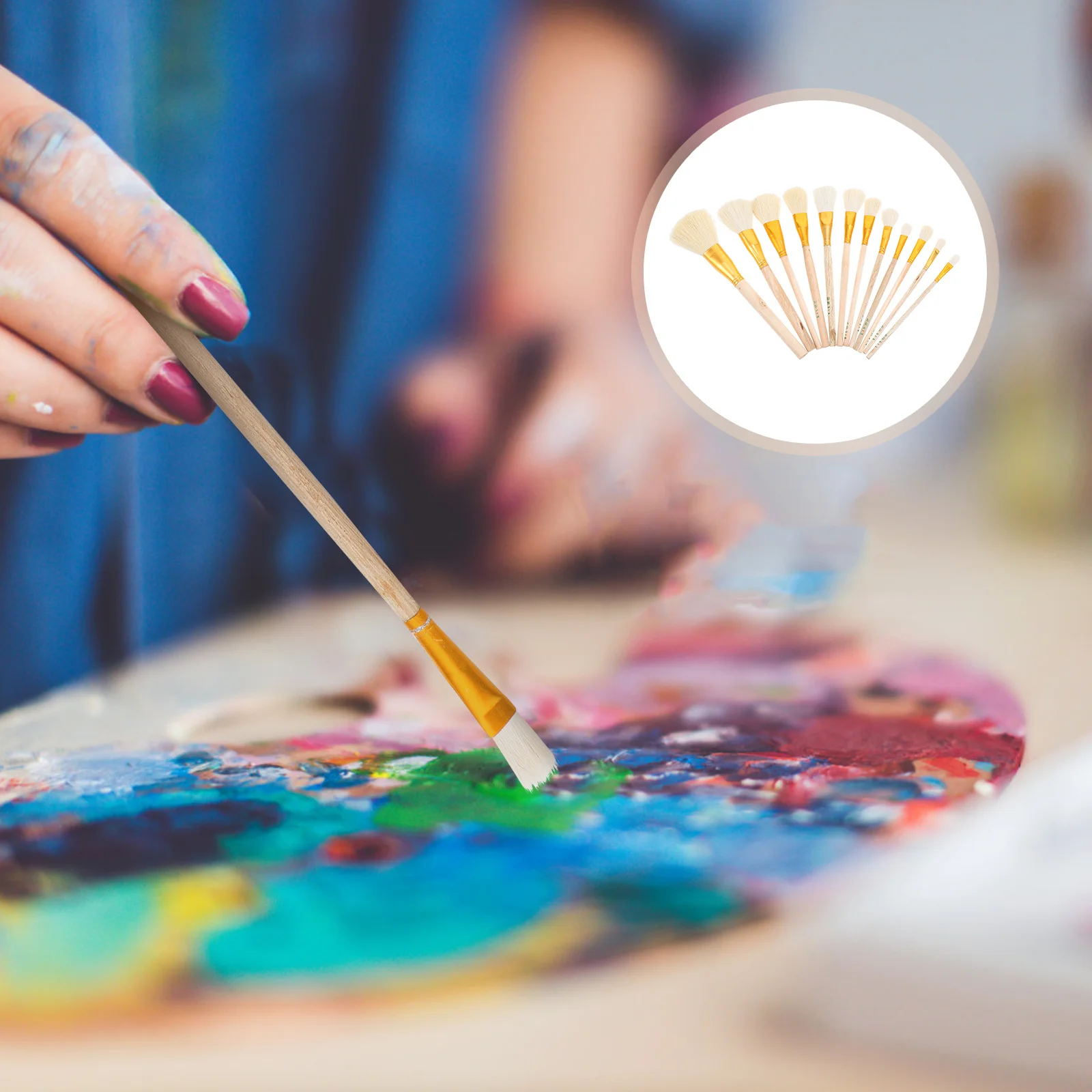 

12 шт. кисти для рисования из шерсти с деревянной ручкой для художественного масла, акварели, керамики, канцелярские принадлежности, шаблон, кисть для подметания