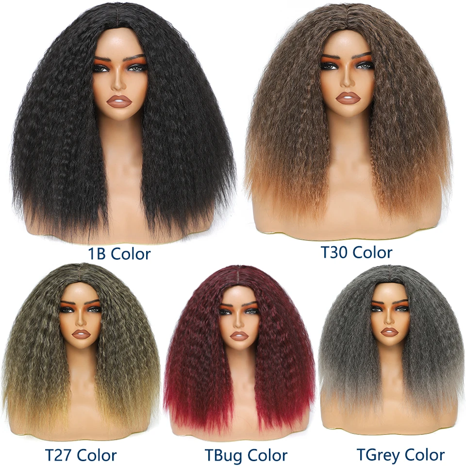 قصيرة منتفخ ياكي مستقيم شعر مستعار اصطناعي 16 بوصة متوسطة طول ارتداء والذهاب شعر مستعار موجة عميقة الباروكات Perruque فام كورتي Sans Colle