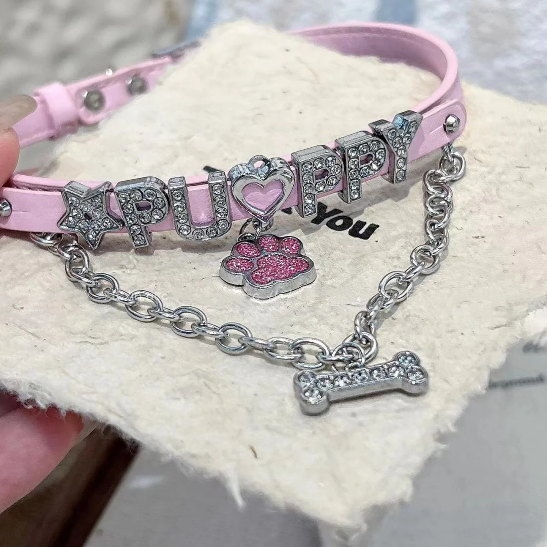 

DUTRIEUX Luxury Lettered Rhinestone Leather Necklace Personalized Puppy Sexy Lady Choker Punk Gothic role-playing Clavicle Chain