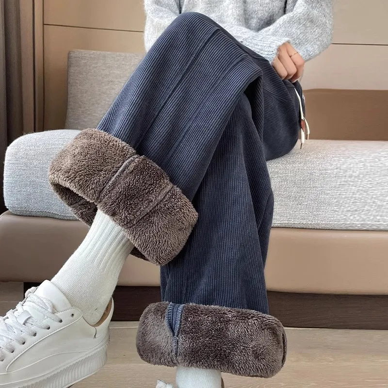 

Pear-Shaped Body Chenille Fleece-Lined Narrow Wide-Leg For Women Winter Small Size Thickened Warm Straight-Leg Pants Cotton