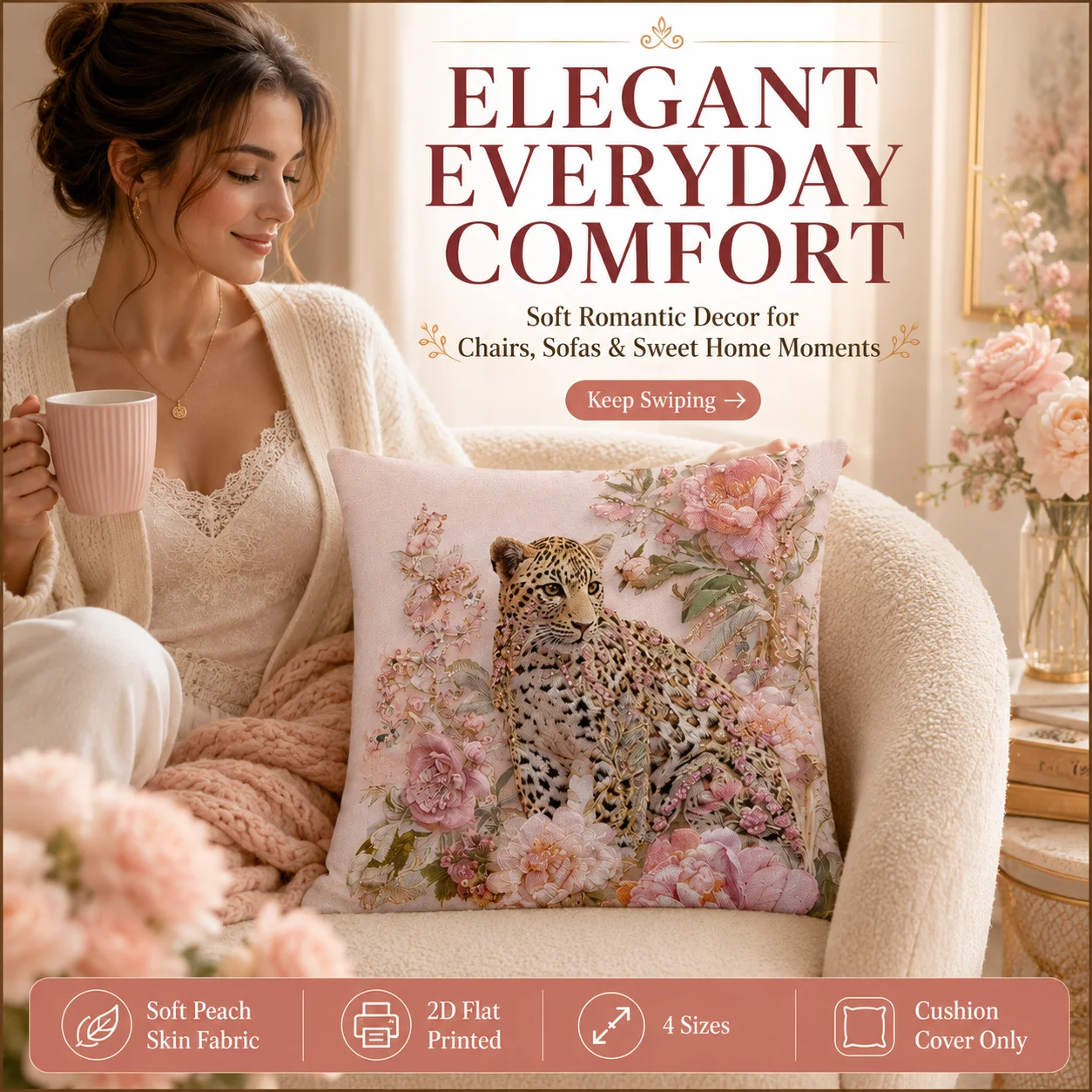 Boho Romantic Jungle Leopard Peony Decorative Pillow Covers, Elegant Floral Wild Animal Print Square Cushion Case for Couch Bed