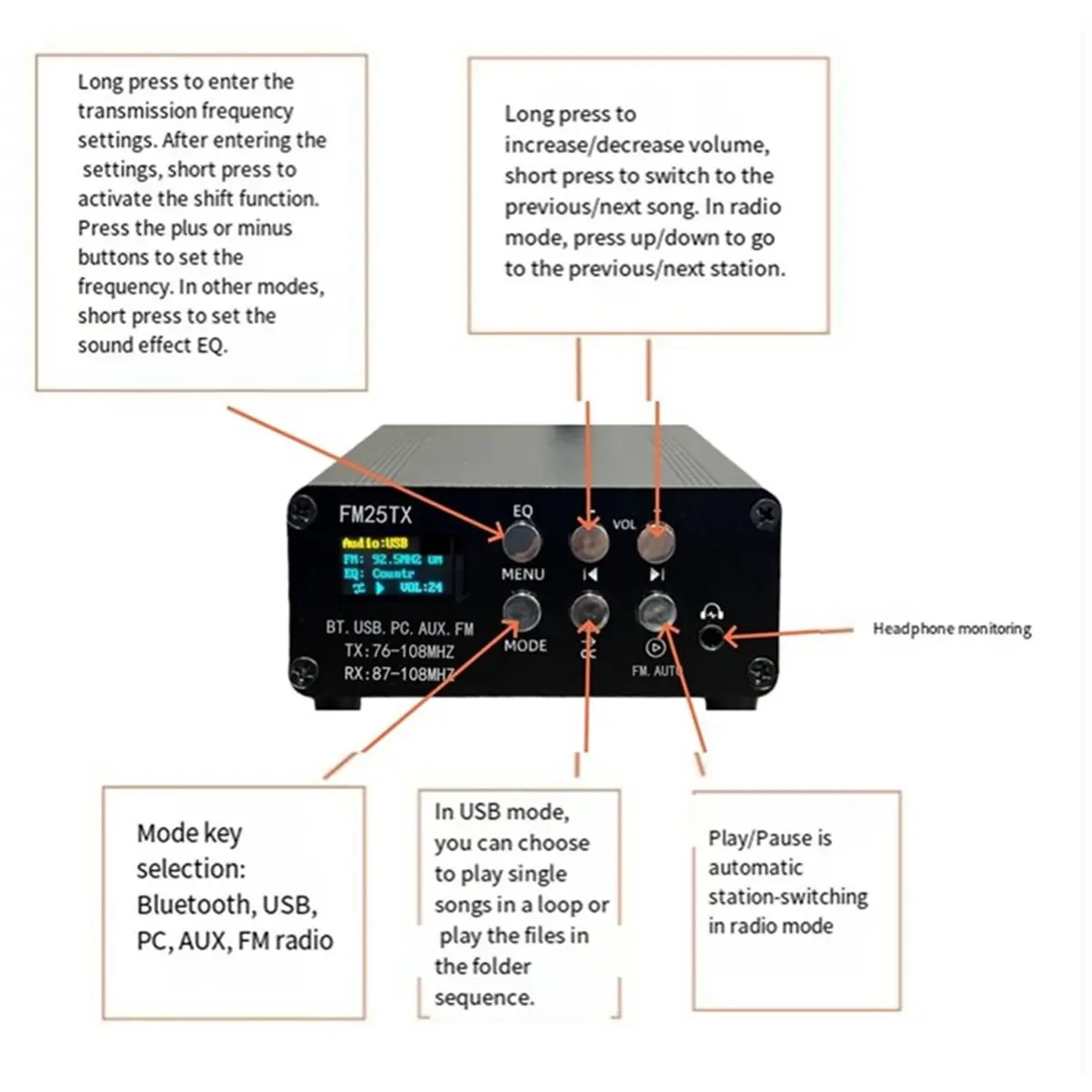 FM25TX 2.5W FM Transmitter Stereo, Audio Playback and Transmission Function Bluetooth MP3 Wireless Player EU Plug
