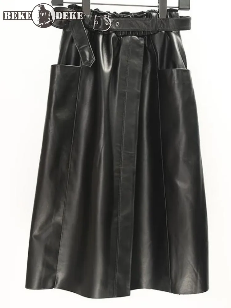 Office Ladies High Waist Top Quality Genuine Leather Skirt Pocket Sashes Sheepskin Solid Color Knee Length A-Line Skirts