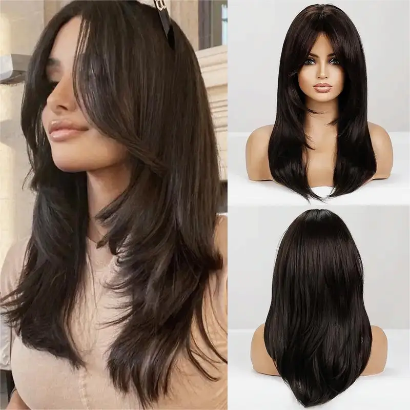 Dark Brown Synthetic Wigs Middle Long Natural Wavy Wig Layered Hair with Side Bangs for Women Daily Party Heat Resistant Fibre