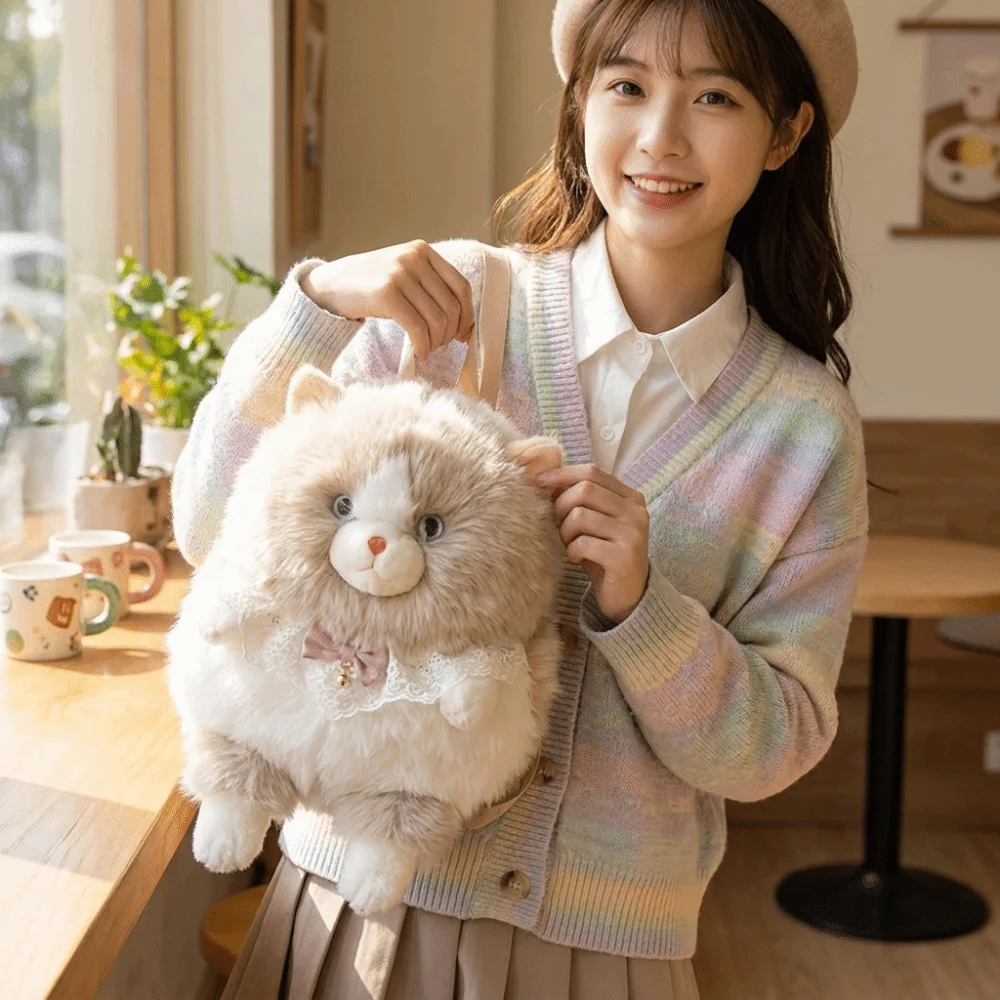 Cute Soft Fluffy Cat Backpack Large Capacity 3D Rucksack Polyester Lining Realistic Shoulder Bag Travel