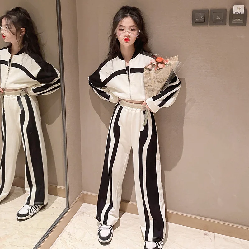 

2023 Spring teen Girls Tracksuit Striped Fashion Zipper 2 Pieces Teenage Children Clothing Set Casual Sport Kids Outfits 13 14