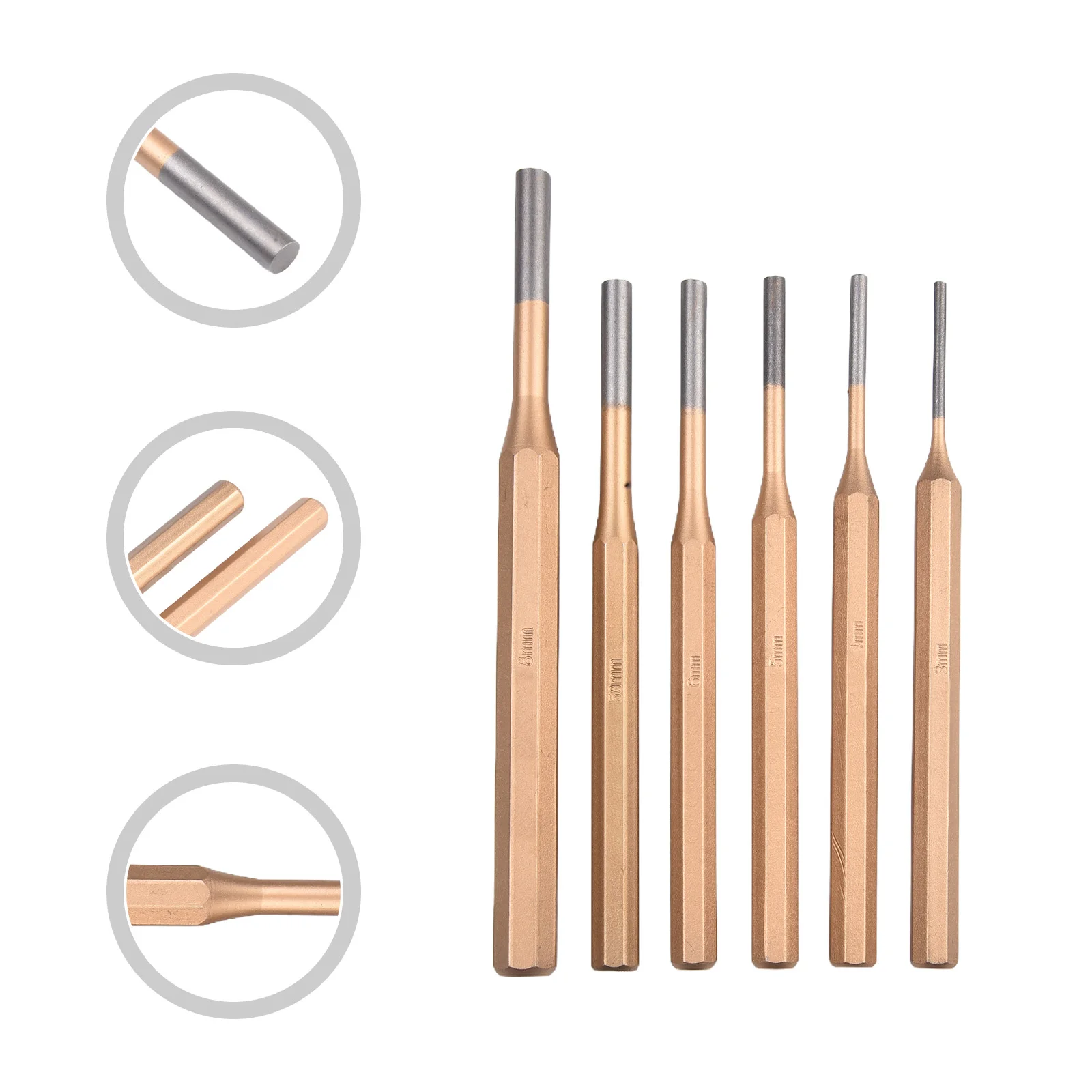 6pcs Cylindrical Punch Chisel Set with Round Head Center Punch 38mm Made of MN Steel Hardened to HRC48 58 for Use