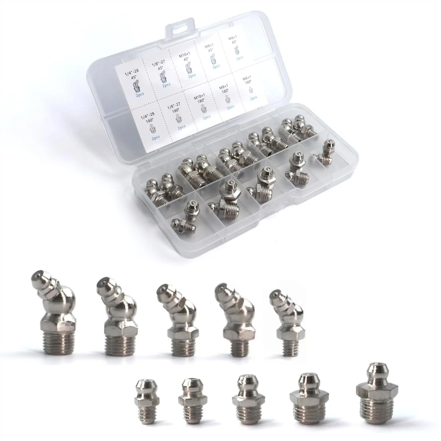 

Grease Fittings Assortment, 20 Pcs SAE & Metric Hydraulic Zerks Kit with 1/4'' 1/8'' M6 M8 M10 Straight & 45°, Nickel-Plated for