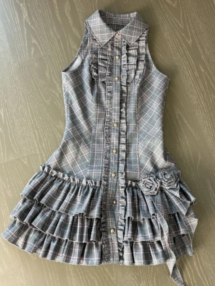 

Summer Hot Girl Slim Plaid Sleeveless Dress Women Design Chic Ruffle Lapel Vest Dresses Female Hepburn Y2k New Thin Cake Dress