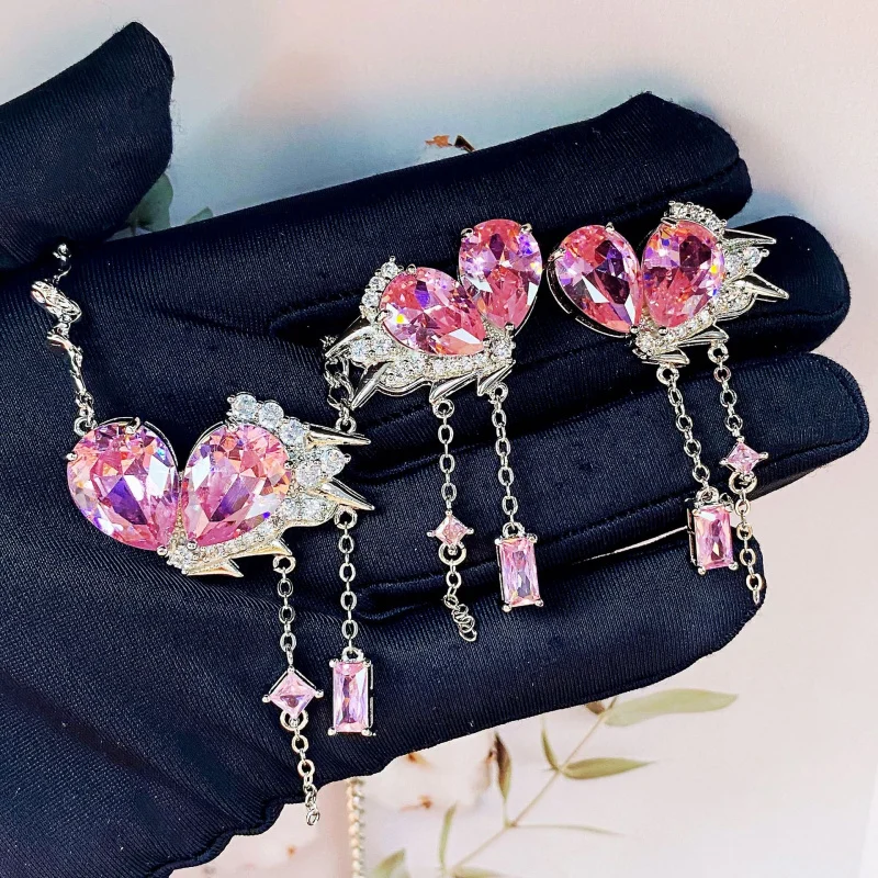 Fashion Pink Diamond Necklace Set - Sophisticated Luxury Heavyweight Zirconia Liquidated Peach Pink Heart Tassel Earrings for Wo