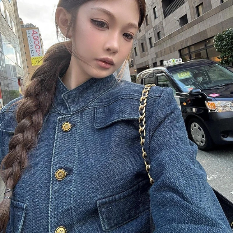 2026 New Autumn Women Denim Jacket Stand Up Collar Shoulder Short Style Old Money Fashion Top