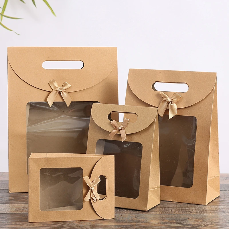 5pcs Transparent Window Kraft Paper Bags For Wedding Birthday Baptism Home Party Candy Gift Packaging Box Baking Takeaway Bag