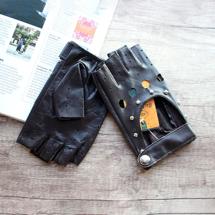 New Women's Sheepskin Half Finger Gloves Thin Style Unlined Rivet Style Colored Genuine Leather Driving Gloves