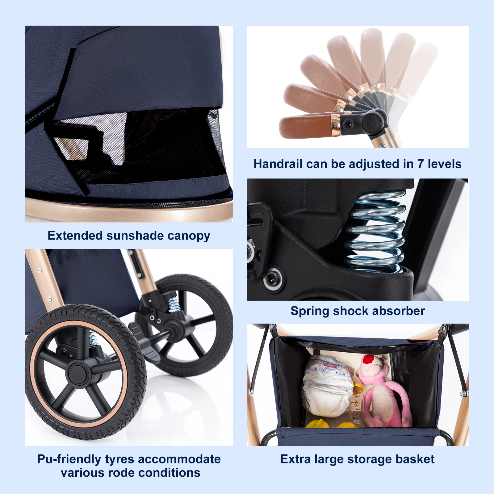 Luxus-Kinderwagen 3-in-1 Tragbarer Baby-Kinderwagen Klappbarer Kinderwagen mit hoher Sitzposition für Neugeborene Verstellbarer Griff für Reisen – Detail 4