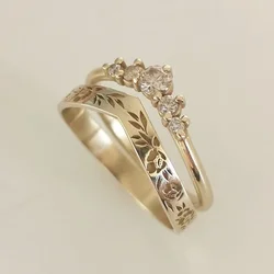 Elegante anillo de boda Simple para mujer, Color dorado Vintage, anillo de flores talladas a mano en forma de V, conjuntos nupciales de boda