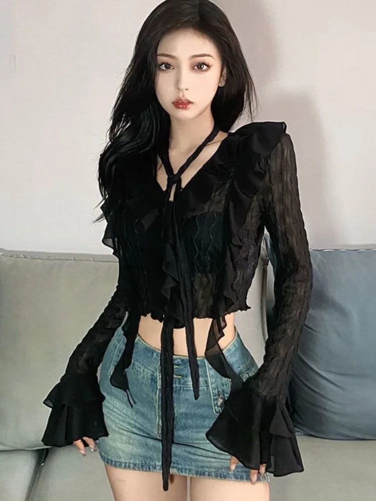 V Neck Sexy Black Crop Blouse Women Ruffled Slim Harajuku Slim Fit Tops Y2k Aesthetic Bandage Grunge Blusas Streetwear De Mujer