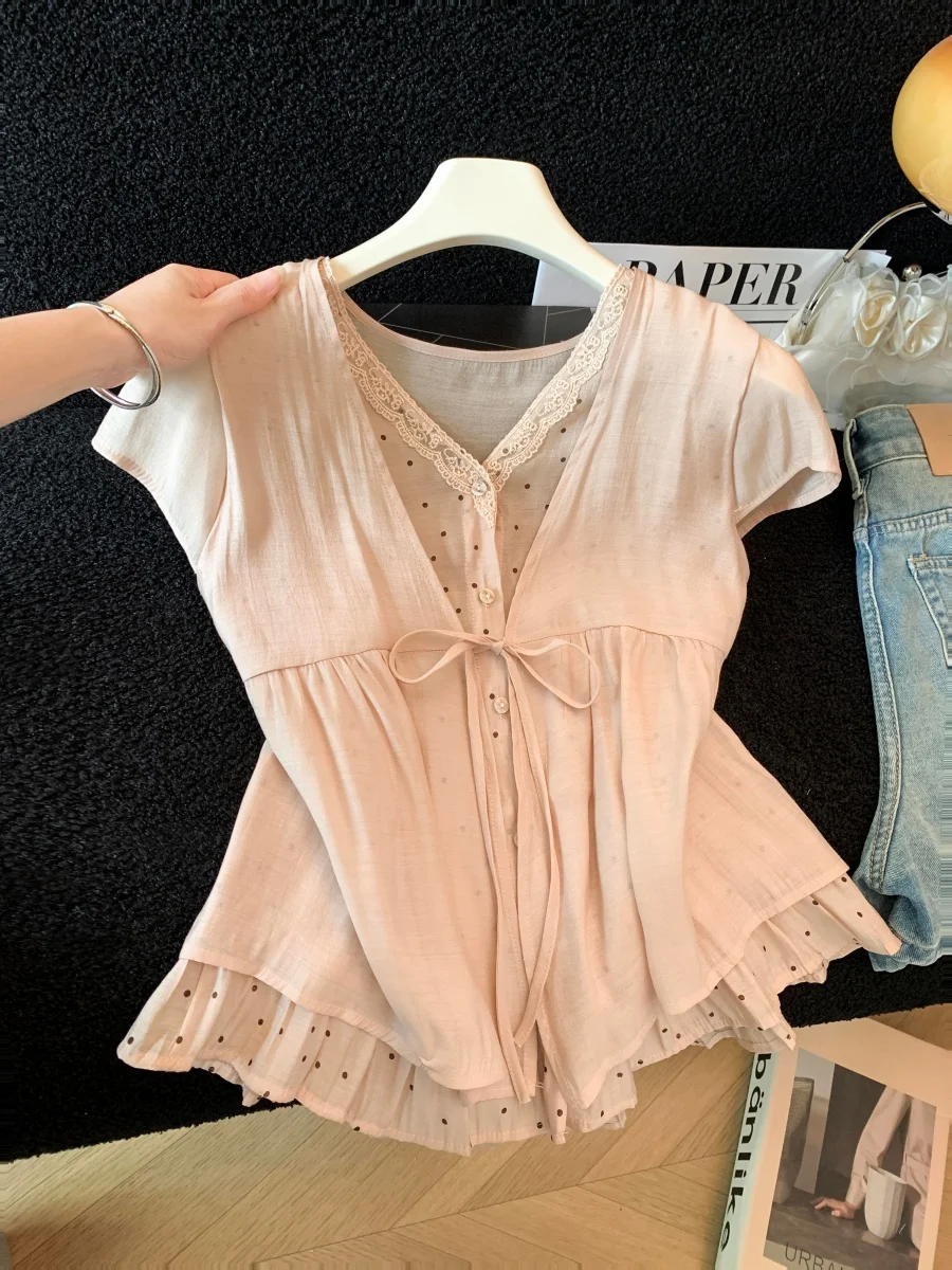 

Sweet Style Polka Dot Blouse Women's Summer New Pink Lotus Short Sleeve Patchwork Ruffle Trim Belted Fake Two-Piece Shirt