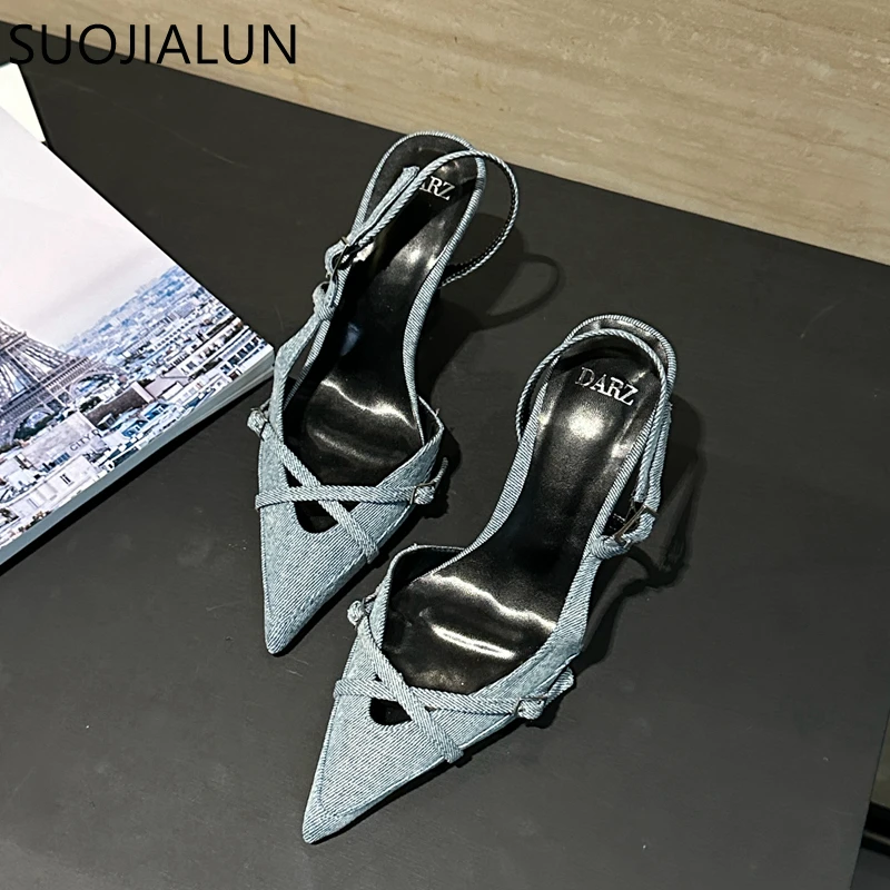 SUOJIALUN 2024 Summer New Brand Women Sandal Fashion Pointed Toe Shallow Slip On Slingback Shoes Thin High Dress Pumps Shoes