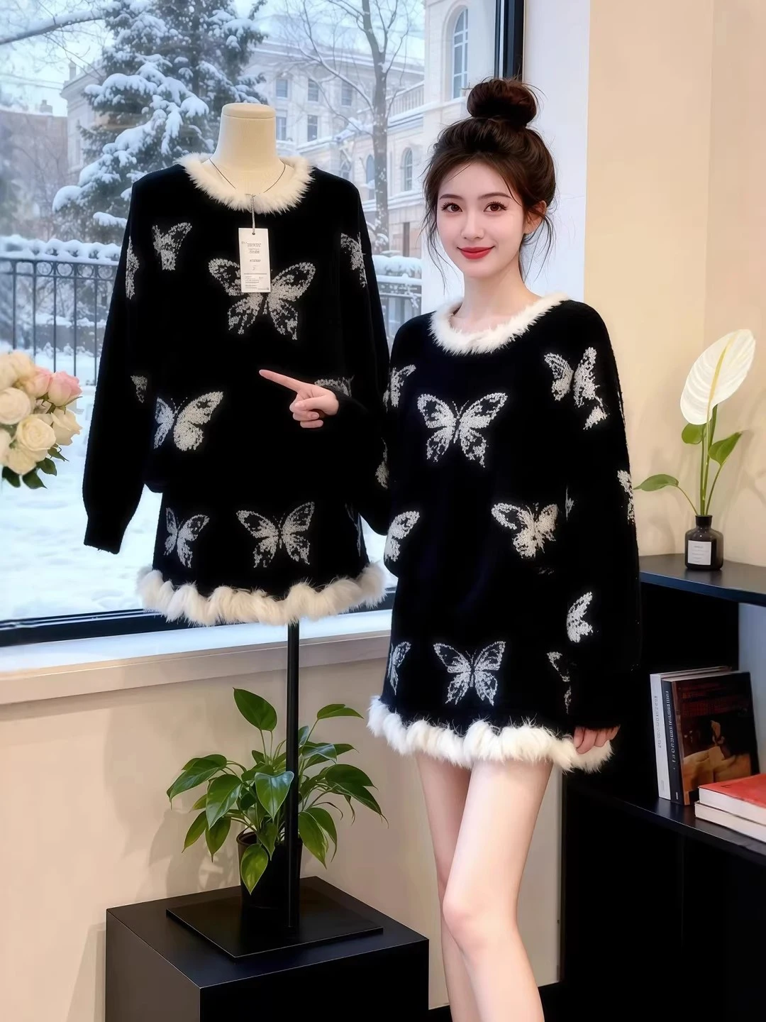 

Зимний модный вязаный комплект с бахромой: женский повседневный костюм-двойка с длинными рукавами, круглым вырезом, теплый и утолщенный