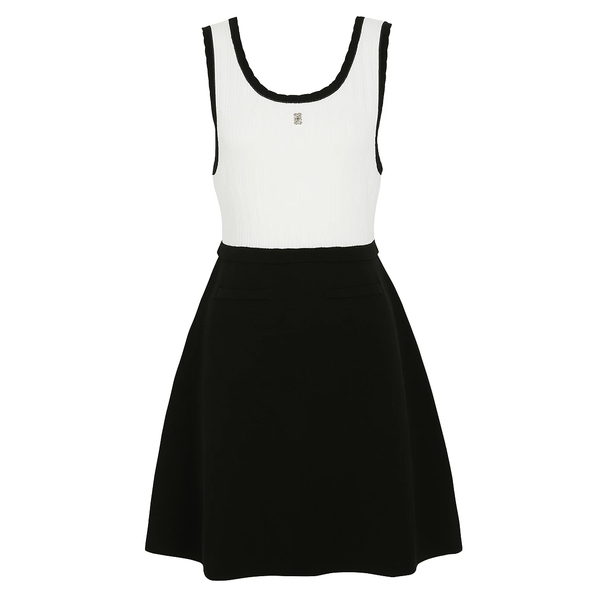2688 Hochwertiges, modisches Sommerkleid aus Strick mit Farbblockdesign, figurbetonendem Bund und ärmellosem Schnitt für Damen