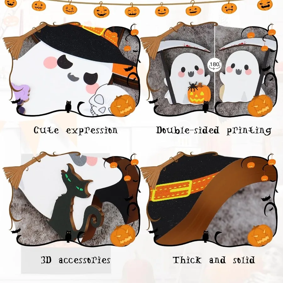 ของตกแต่งฮาโลวีนรูปผีตลก 3 ชิ้น ของตกแต่งภายในบ้านสุดหลอนสำหรับวางบนโต๊ะและถาดวางของ ของตกแต่งฟักทองรูปผีน่ารักสองด้านสำหรับงานปาร์ตี้หรือตกแต่งบ้าน