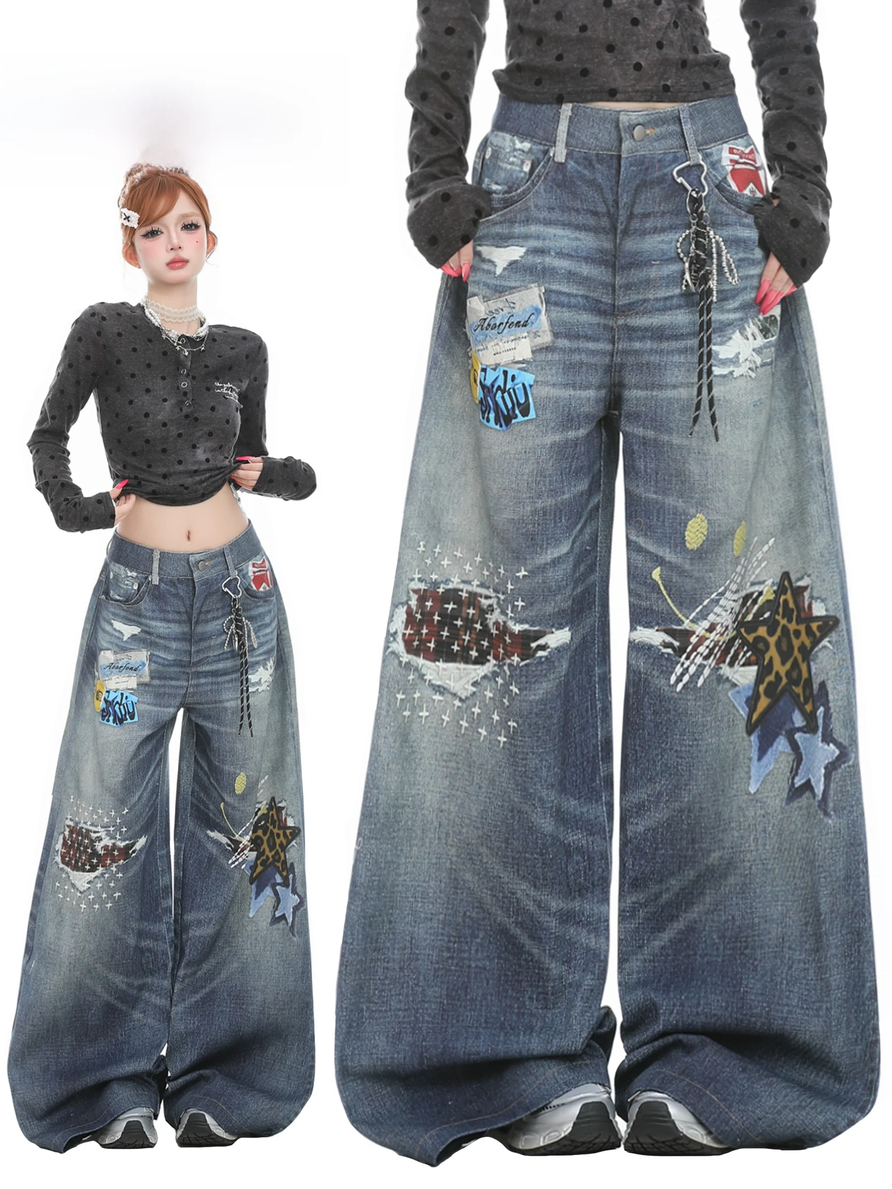 

Джинсы BASTERDS в американском ретро-стиле с вышивкой и прорезями, женские, весенний дизайн, прямые широкие брюки, длинные штаны