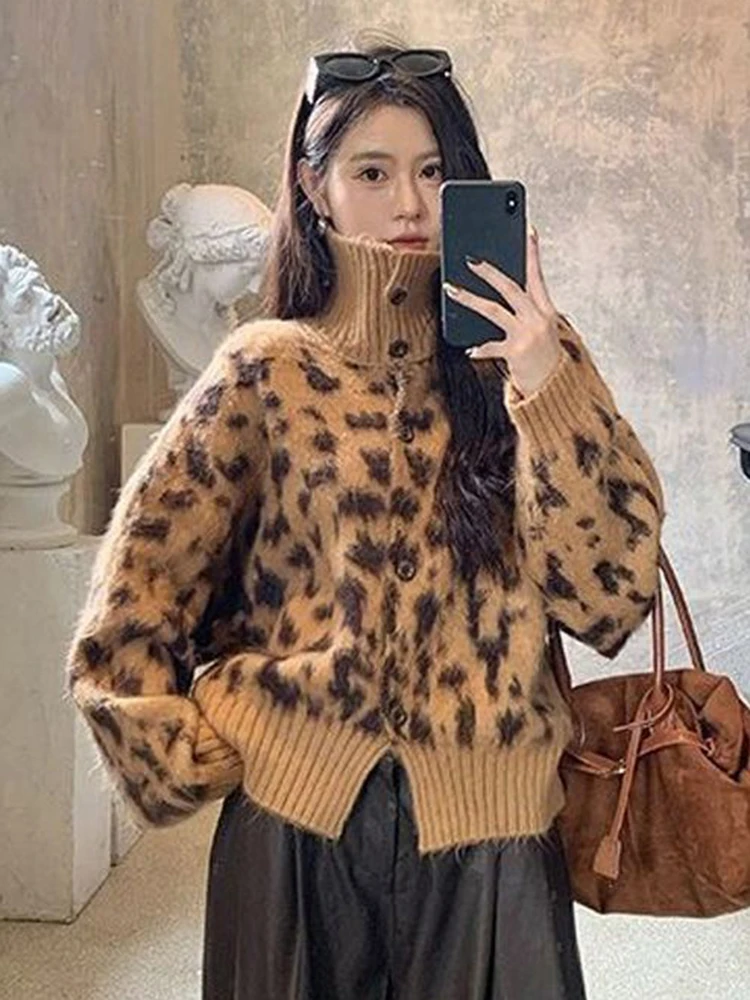 Leopard Knit Turtleneck Cardigan Women Y2K Streetwear Button Long Sleeve Sweater Female Harajuku Hottie Retro Autumn Winter Tops