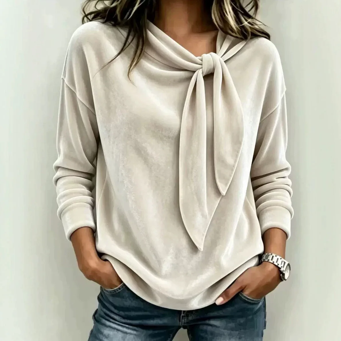 2026 Autumn Winter Solid Velvet Bow Neck Long Sleeve Blouse Women Loose Drape Tie Neck Elegant Casual Velvet Base Top