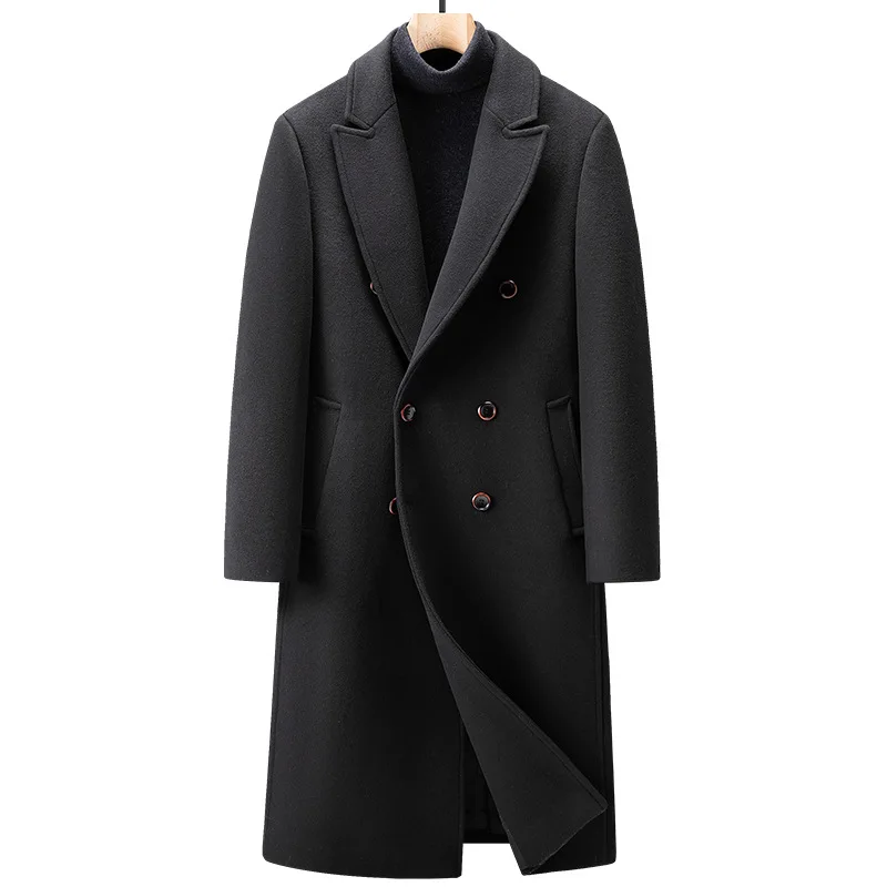 

Plus Size 4XL Men's Fashion Cashmere Business Solid Color Slim Casual Wool Double-breasted Coat Medium Long Woolen Coat Clothes