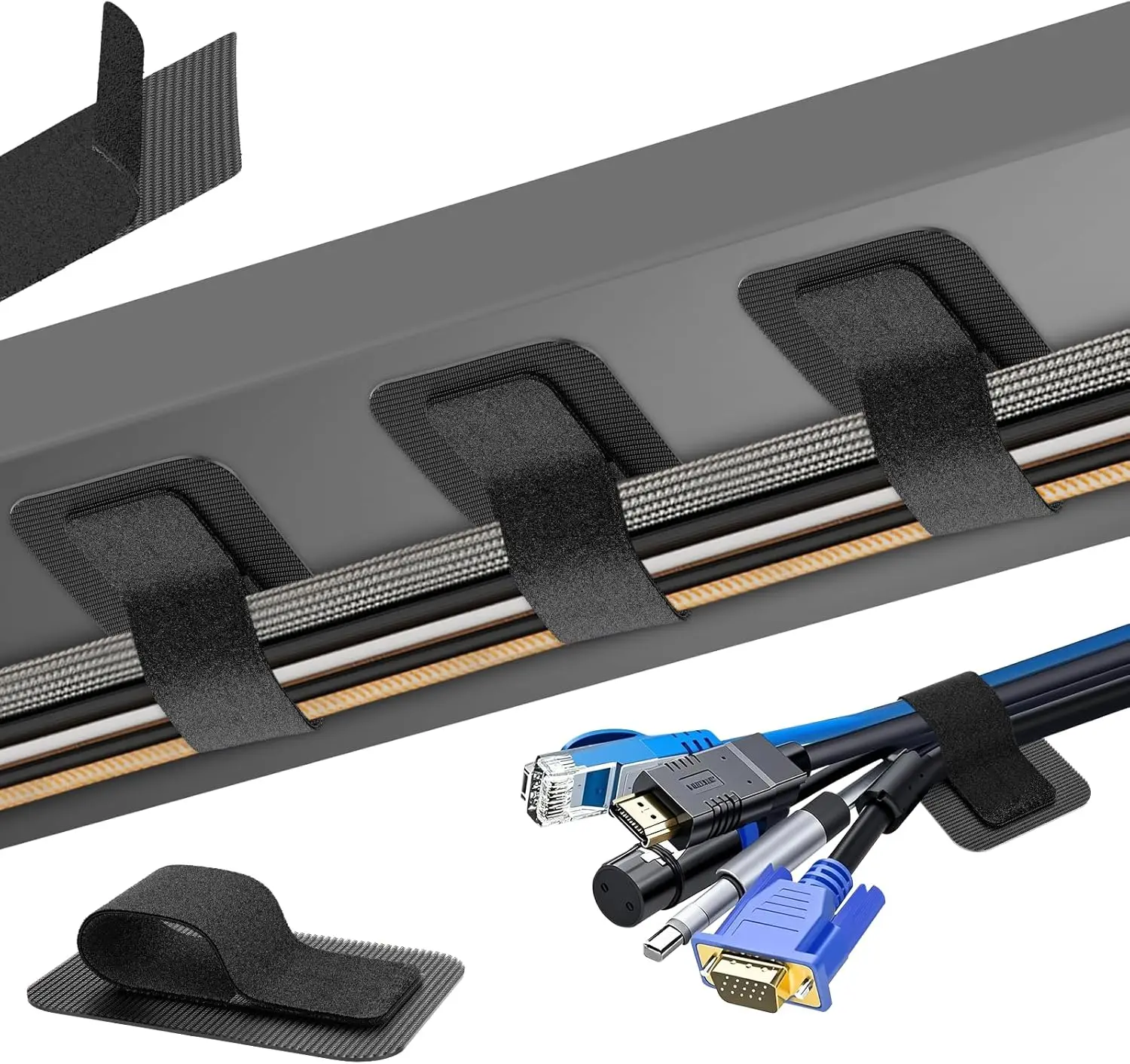 

Cable Management Under Desk with 20 Adjustable Hook and Loop Cable Ties for Home Office Cord Organization