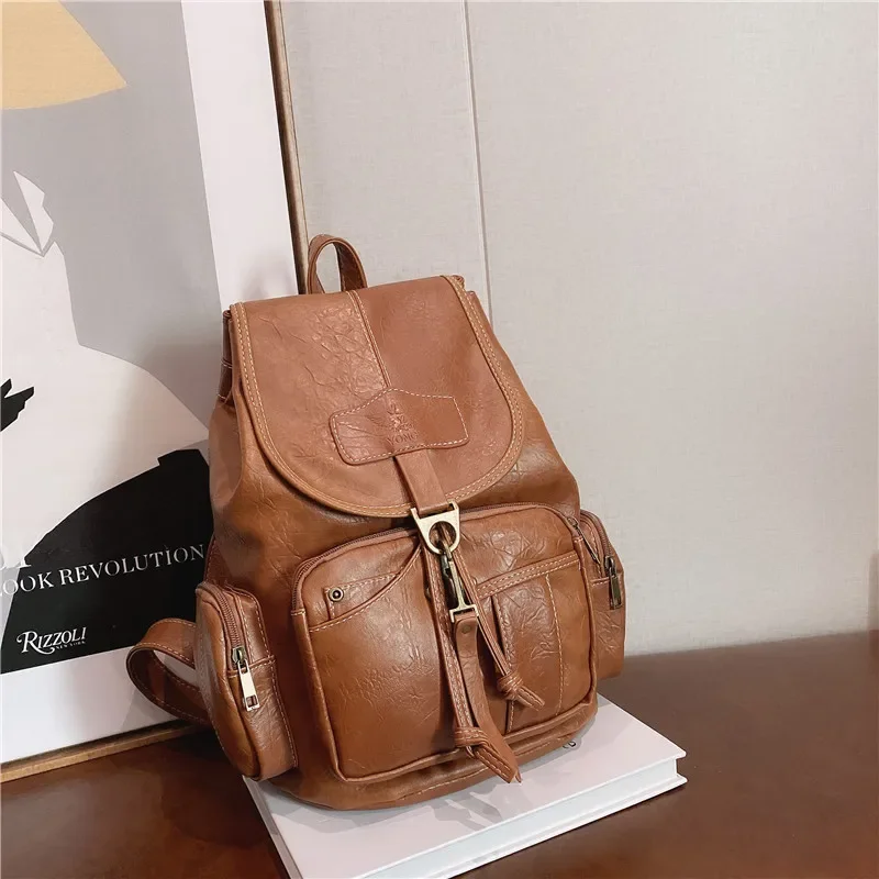 Vintage Women Backpack High Quality Leather School Bags for Teenage Girls Large Drawstring Backpacks Black Brown Rucksack XA50H