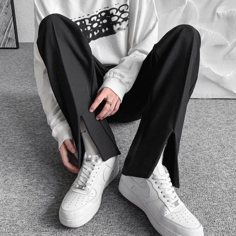 Men's All Season Wide Leg Split Hem Trousers Smart Casual Streetwear Loose Fit Straight Pants Business Suit Style
